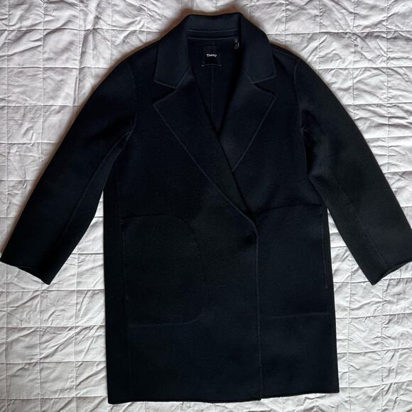 Theory Wool Cashmere Black Long Trench Overcoat Classic Timeless Luxury - Large - Picture 1 of 11